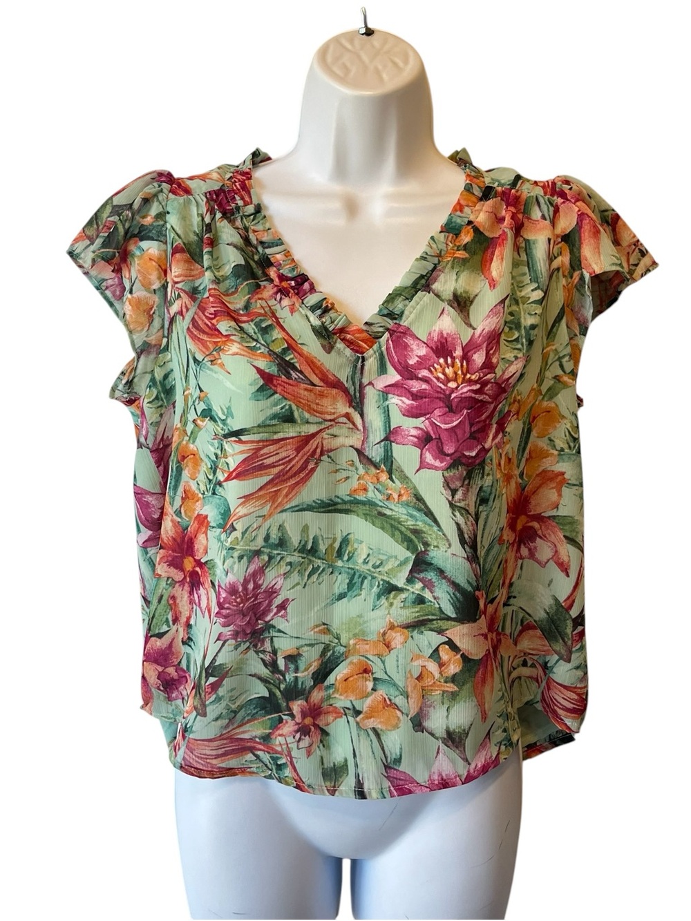 Rachel Zoe top Green floral Small Short flutter sleeves V-neck Womens blouse
